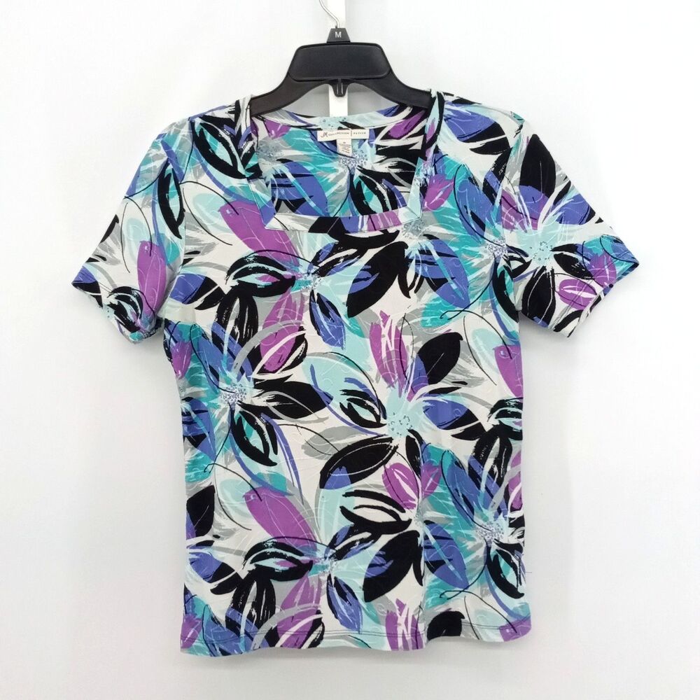 JM Collection Blouse Womens Medium White Colorful Floral Textured Square Neck